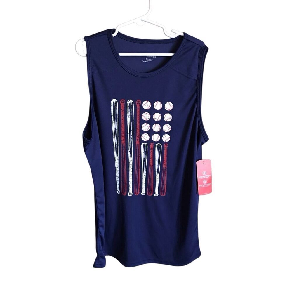 Bcg boys youth Large 14-16 navy blue sleeveless baseball graphic New w/tags